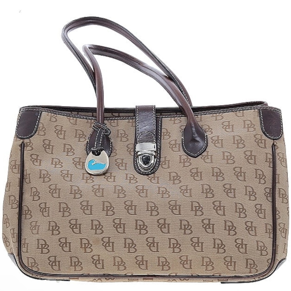 Dooney & Bourke Womens Double Signature Tote Shoulder Bag Brown Leather Trim